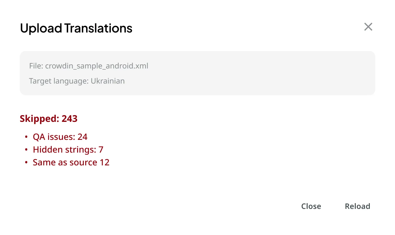 Translation Upload Summary